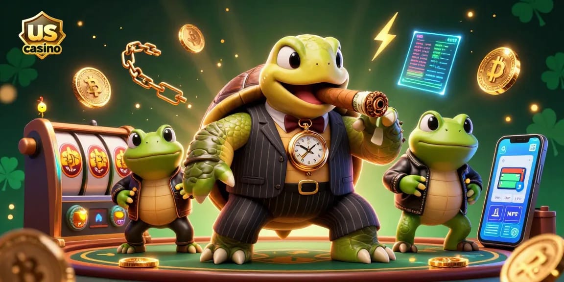 Experience the excitement of us casino gaming in a vibrant, cartoonish scene with a mobster turtle and bullfrog enforcers.