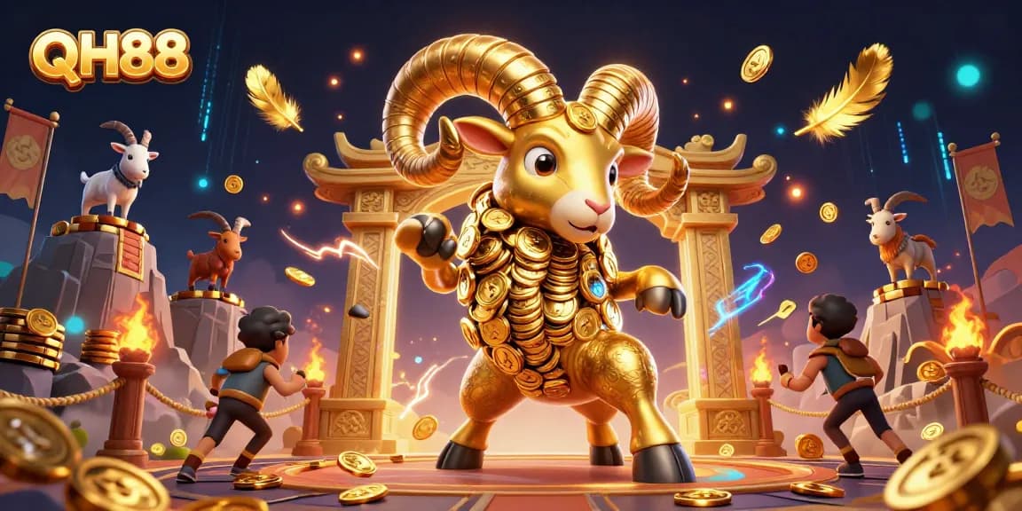 Experience thrilling action with QH88's golden ram amidst vibrant gambling elements.