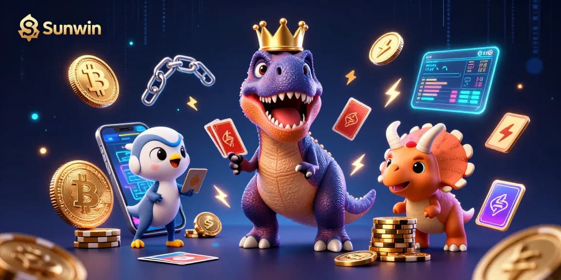 Engage in fun games at Sunwin with T-Rex and friends under a vibrant, dynamic casino backdrop.