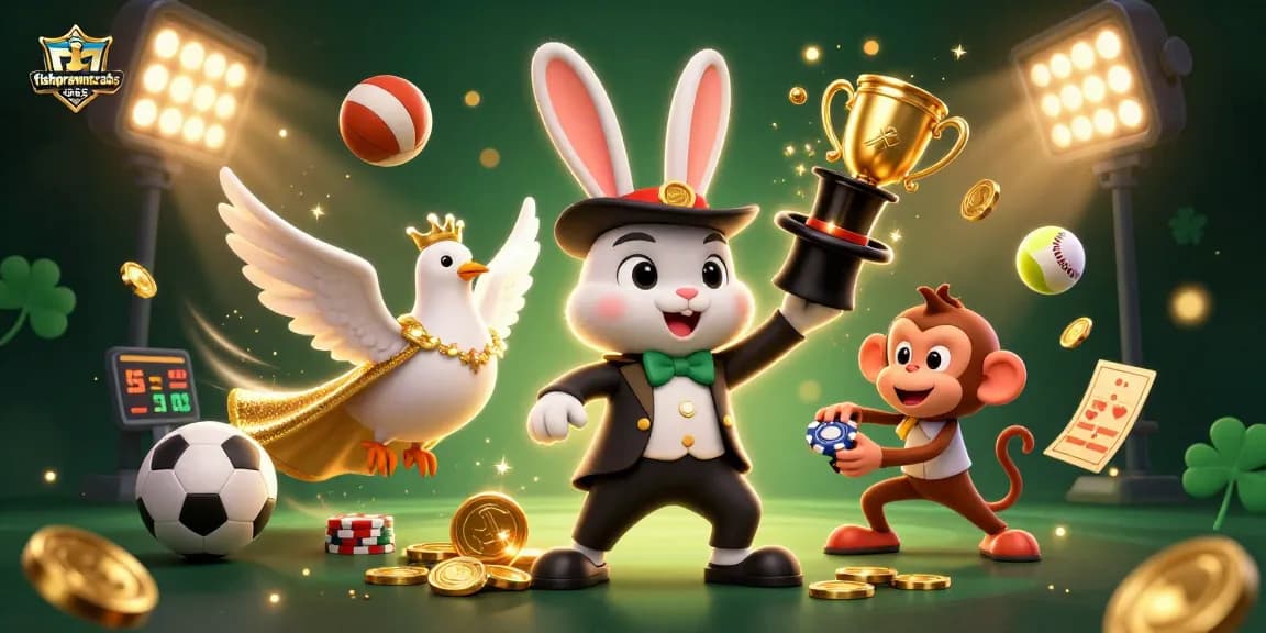 fishprawncrabs shows a rabbit magician surrounded by sports betting excitement and playful characters.