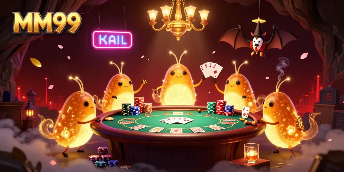Engage in the excitement of MM99 poker, illuminated by glowworms in a vibrant cave casino setting.