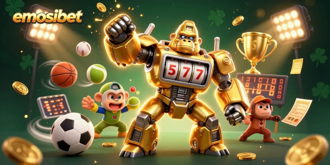 Experience exciting wins with emosibet's golden mech surrounded by dynamic sports elements.