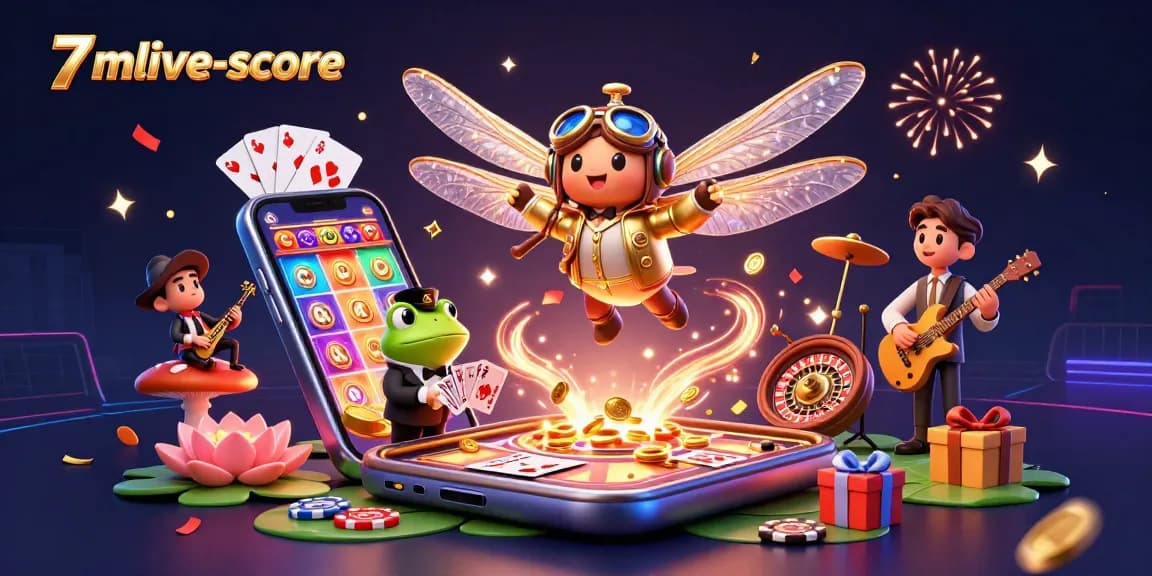 Engage with 7mlive-score through vibrant casino action with a dragonfly pilot and frog croupier.