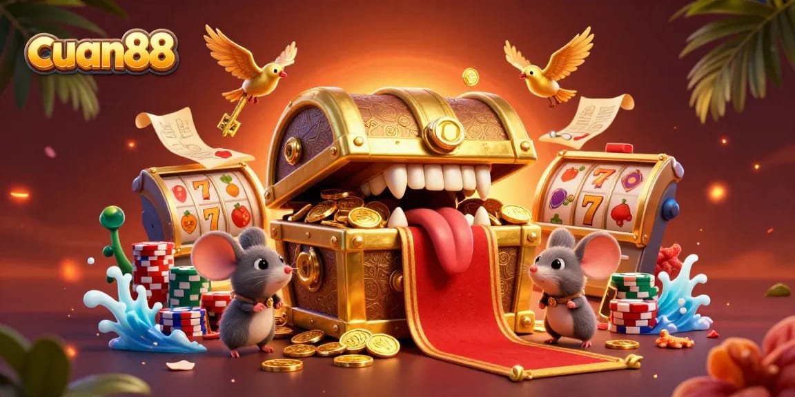Engage with cuan88’s vibrant 3D casino experience featuring treasure and slot reels.