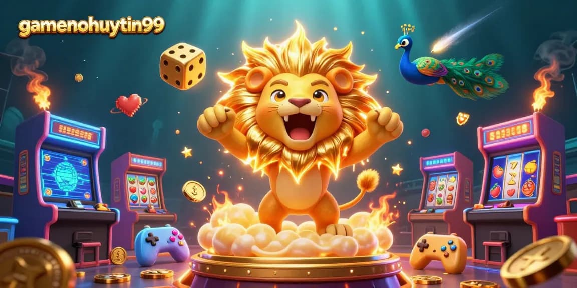 Experience the excitement of gamenohuuytin99 with fiery lion and golden dice in vibrant casino scene.