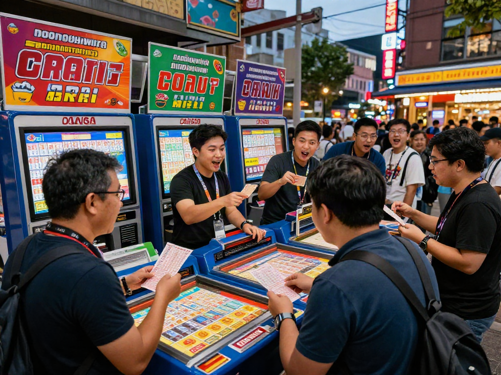 Excited players engaging in toto togel lottery gaming at a vibrant retail booth.