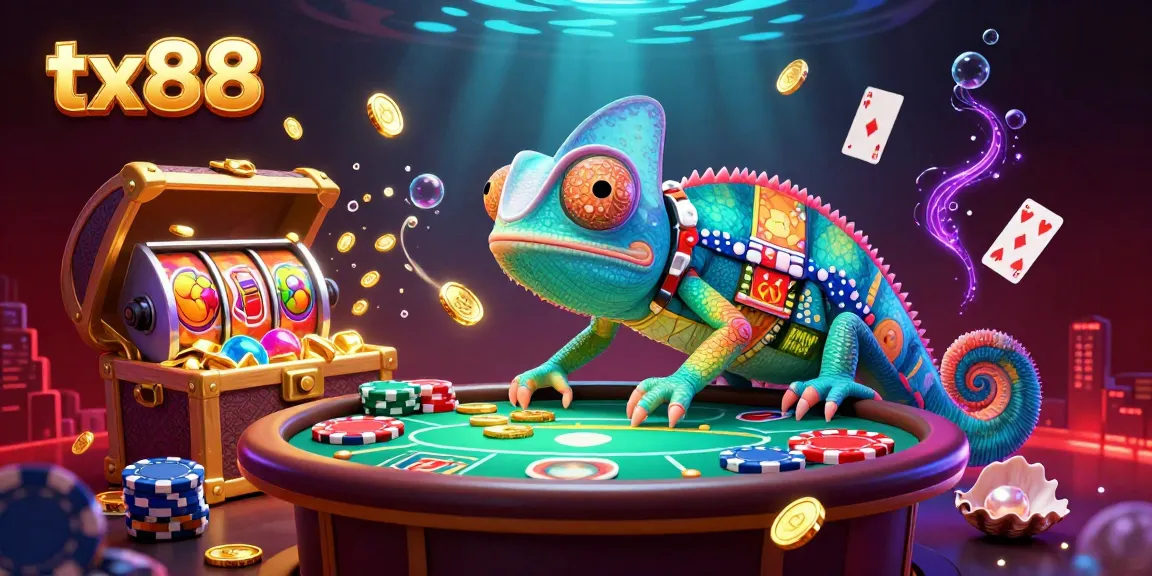 Experience win-rich visuals of tx88's dynamic gaming world with a vibrant chameleon casino owner and colorful game elements.