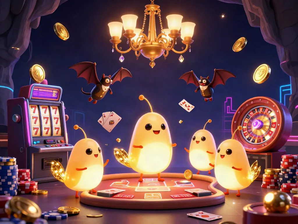 Experience slot gacor excitement with vivid glowworms illuminating a dynamic casino scene filled with winning symbols.