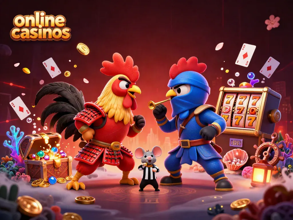 Experience thrilling online casinos with vibrant roosters, treasure, and poker cards in a 3D showdown.