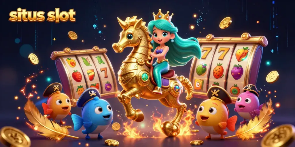 Menyelesaikan permainan situs slot dengan karakter putri duyung dan kuda laut emas, dikelilingi simbol keberuntungan.