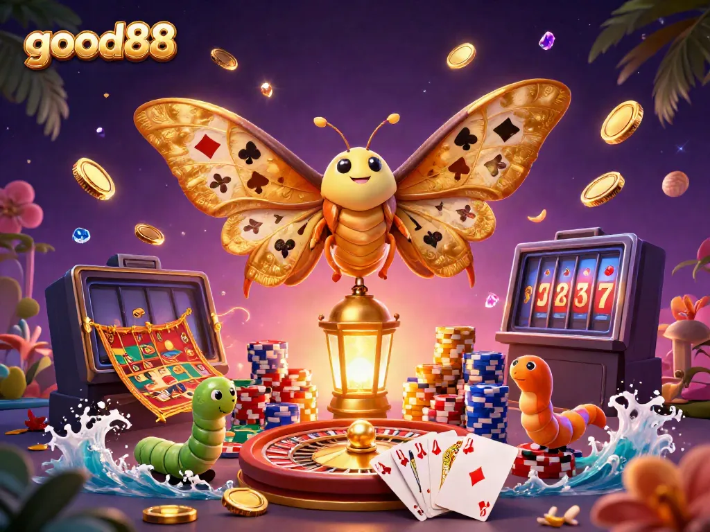 good88 features exhilarating casino excitement with a golden moth, cards, and shimmering coins.