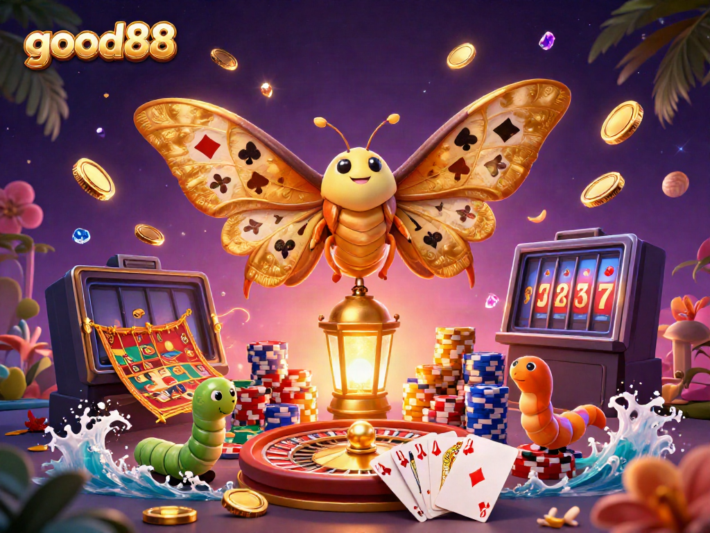 good88 features exhilarating casino excitement with a golden moth, cards, and shimmering coins.