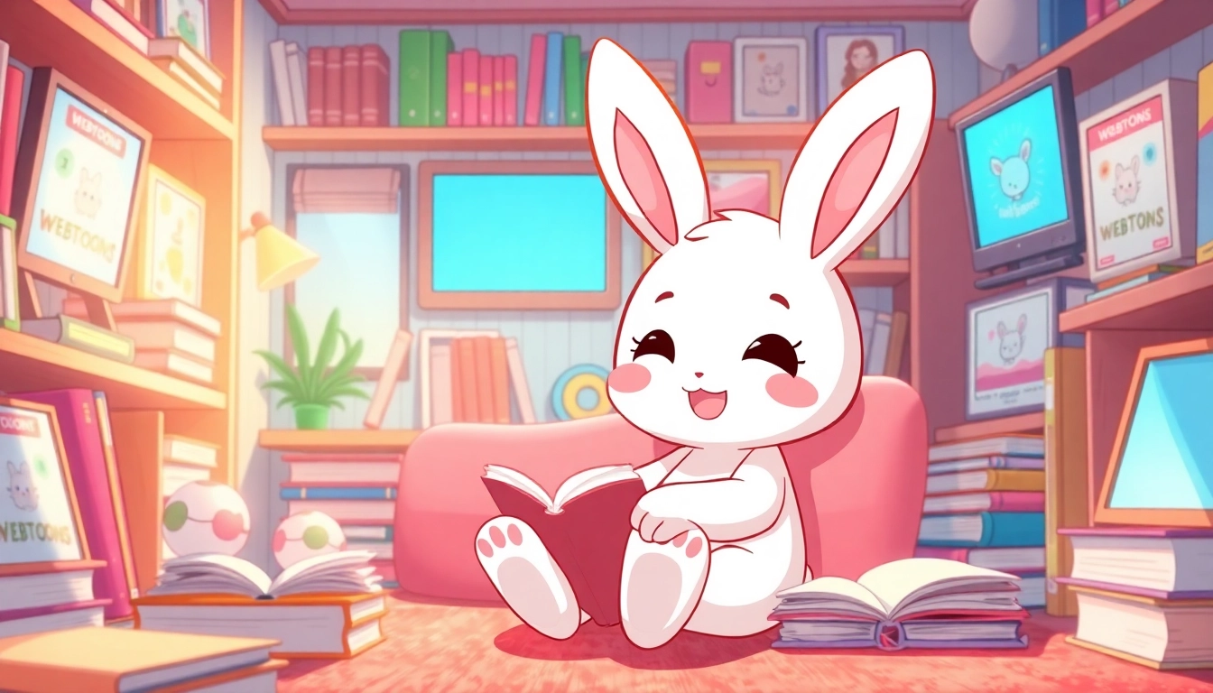 북토끼 캐릭터가 웹툰 속 아늑한 방에서 책과 화면을 둘러보는 모습입니다.