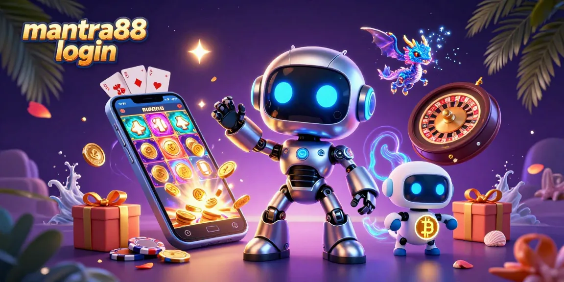 Experience effortless mantra88 login in a vibrant casino scene with slot games and bitcoin.