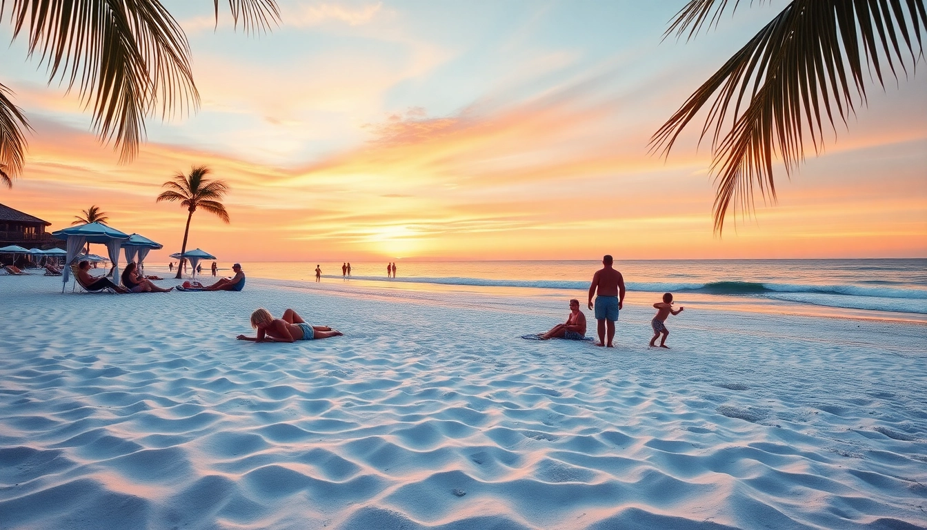 Visitors enjoying the beautiful beaches of Pensacola FL during sunset.