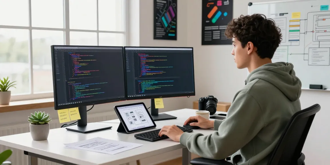 Modern workspace of a developer coding on dual monitors at fuzzmanta.com, bright atmosphere with plants and tech decor.