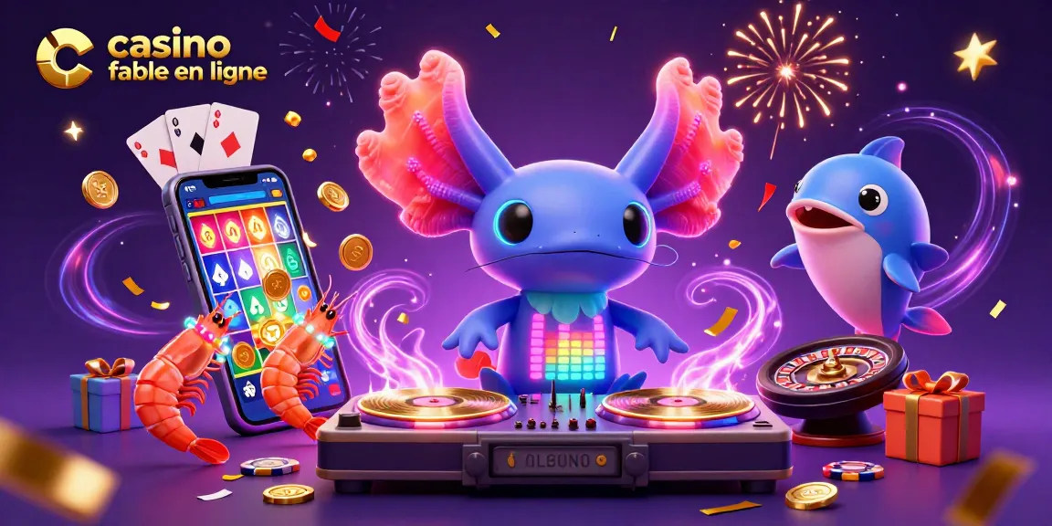 Jouer sur un casino fiable en ligne avec une animation colorée de jeux et de décorations festives.