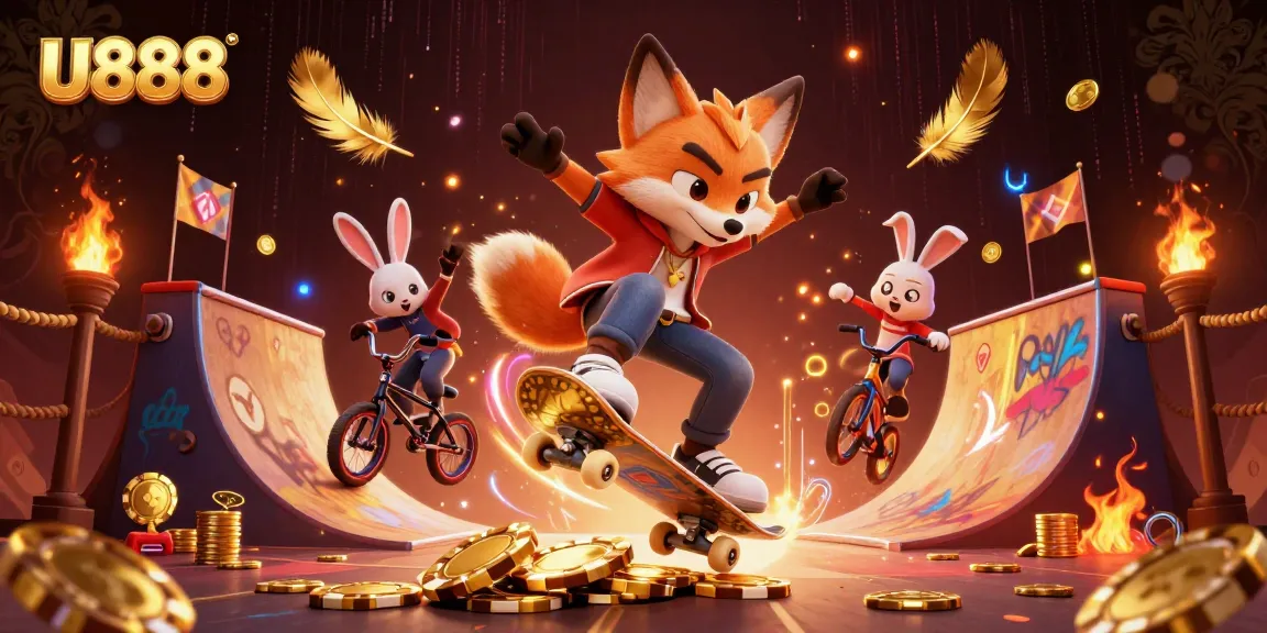 U888 brings excitement to life with a skateboarder fox performing a kickflip over golden poker chips.