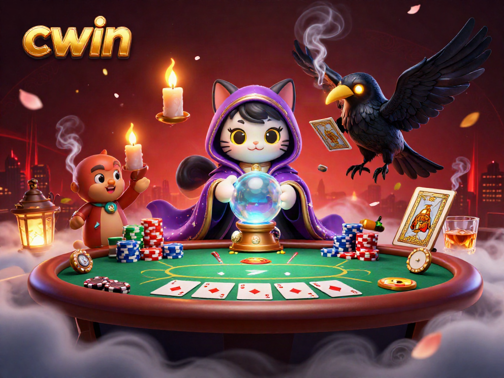 Experience the vibrant world of CWIN through immersive casino settings featuring fortune tellers and poker elements.