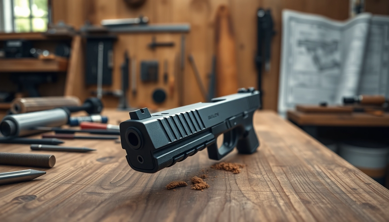 Showcase of a glock 19 slide with craftsmanship details in a workshop setting.
