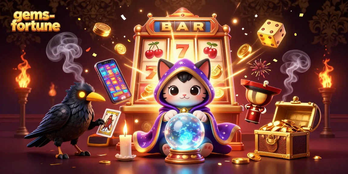 Experience the magical world of gems-fortune with a cartoon mystic trio amidst a dazzling casino explosion.