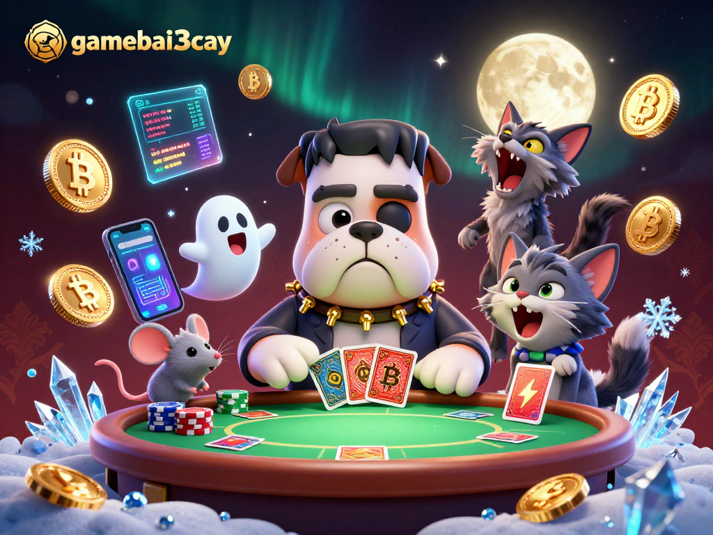 Engage in thrilling poker action at gamebai3cay with unique characters in a vibrant scene.