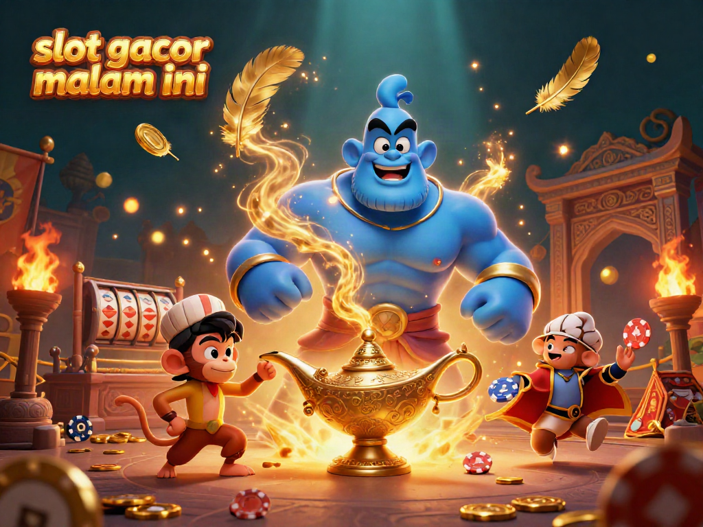 Raih keuntungan bermain slot gacor malam ini dengan ilustrasi kasino ceria yang menampilkan jin, koin emas, dan papan slot.