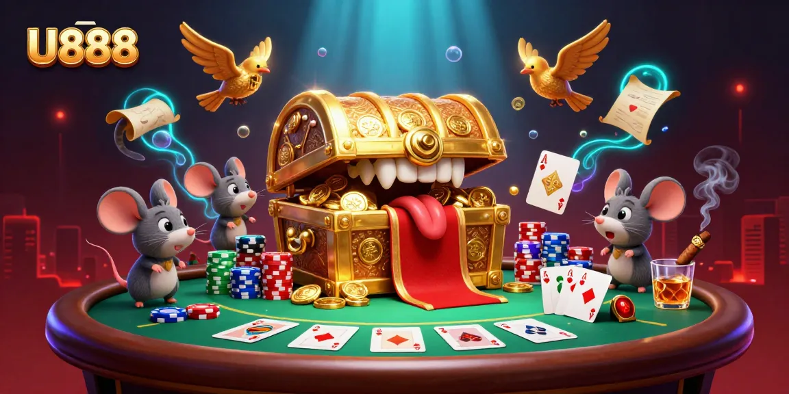 Experience thrilling gaming adventures with U888 in a vibrant casino scene filled with rich details and poker elements.