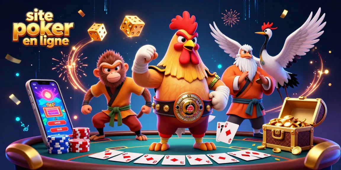 Plongée dans l'action avec un site poker en ligne : un coq, un singe et une grue au poker.