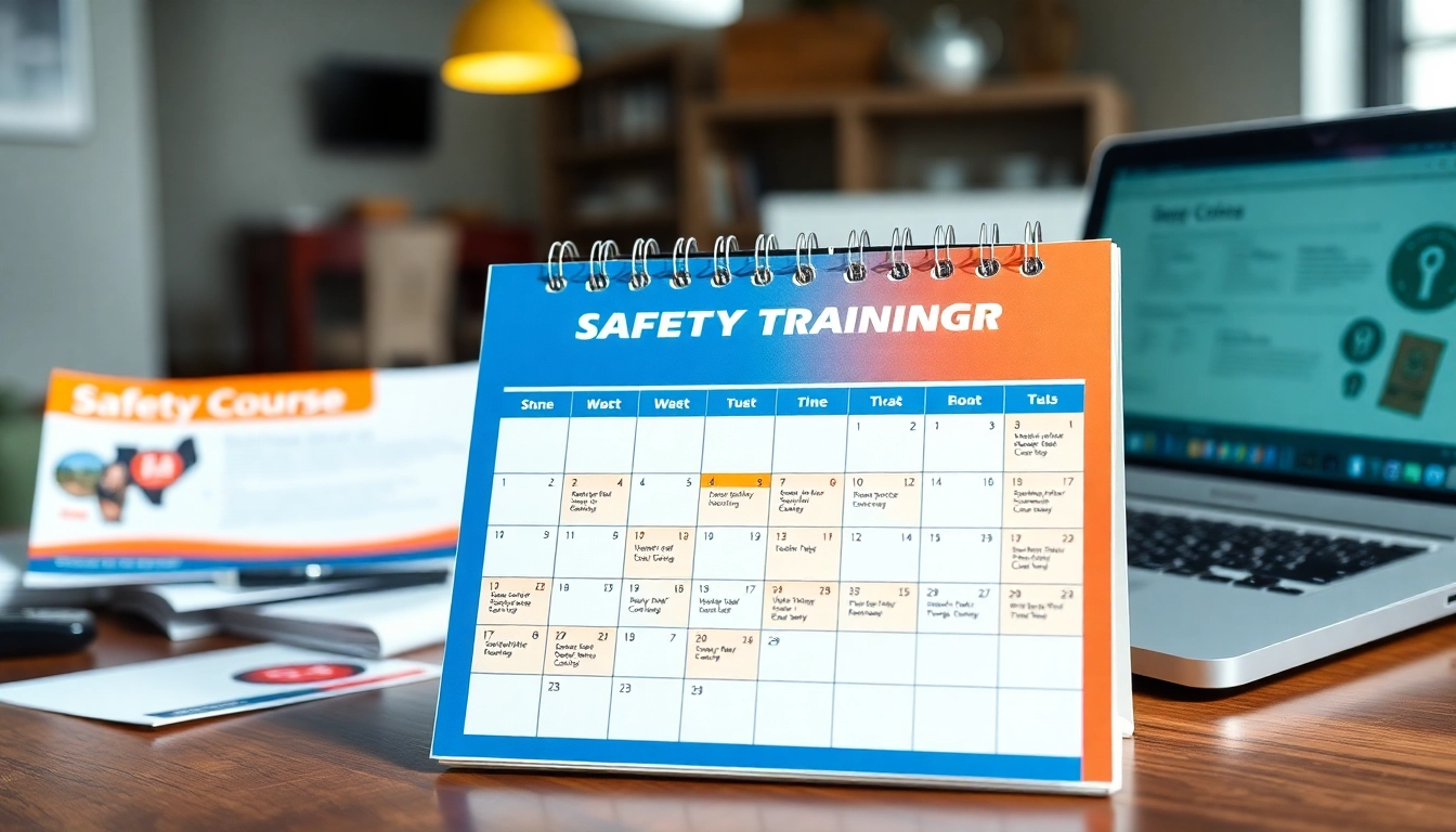 View the UTA safety training calendar texas with engaging safety resources on a professional desk.