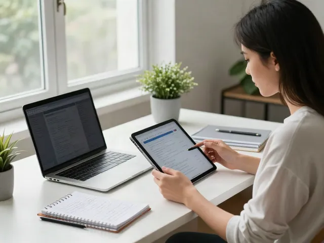 Engaged reader on tablet with continue reading theme in a modern workspace