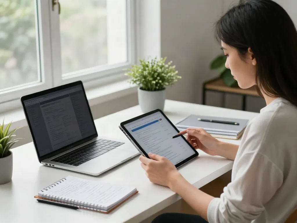 Engaged reader on tablet with continue reading theme in a modern workspace