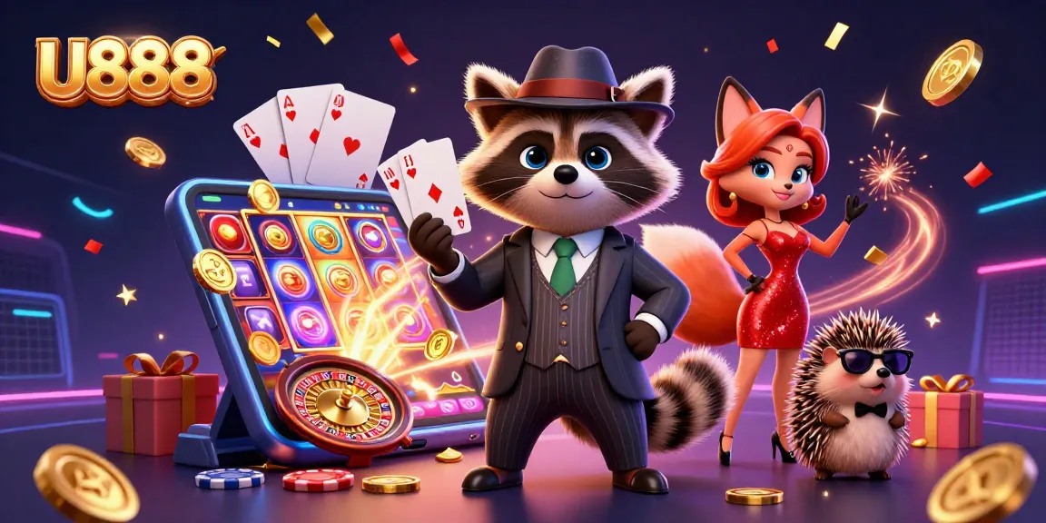 U888 offers thrilling casino excitement with raccoon and companions celebrating wins and games.