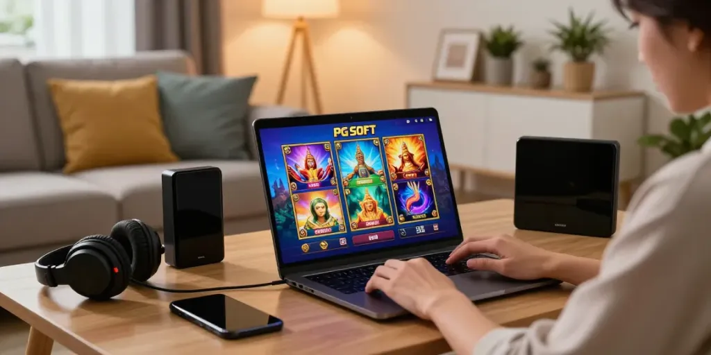 Player enjoying slot thailand games on a laptop in a cozy living room.