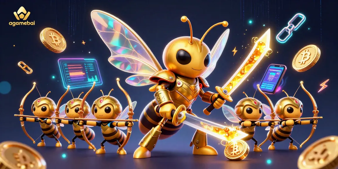 Bet on agamebai with an energetic scene featuring a hornet and bee archers amidst neon crypto coins.