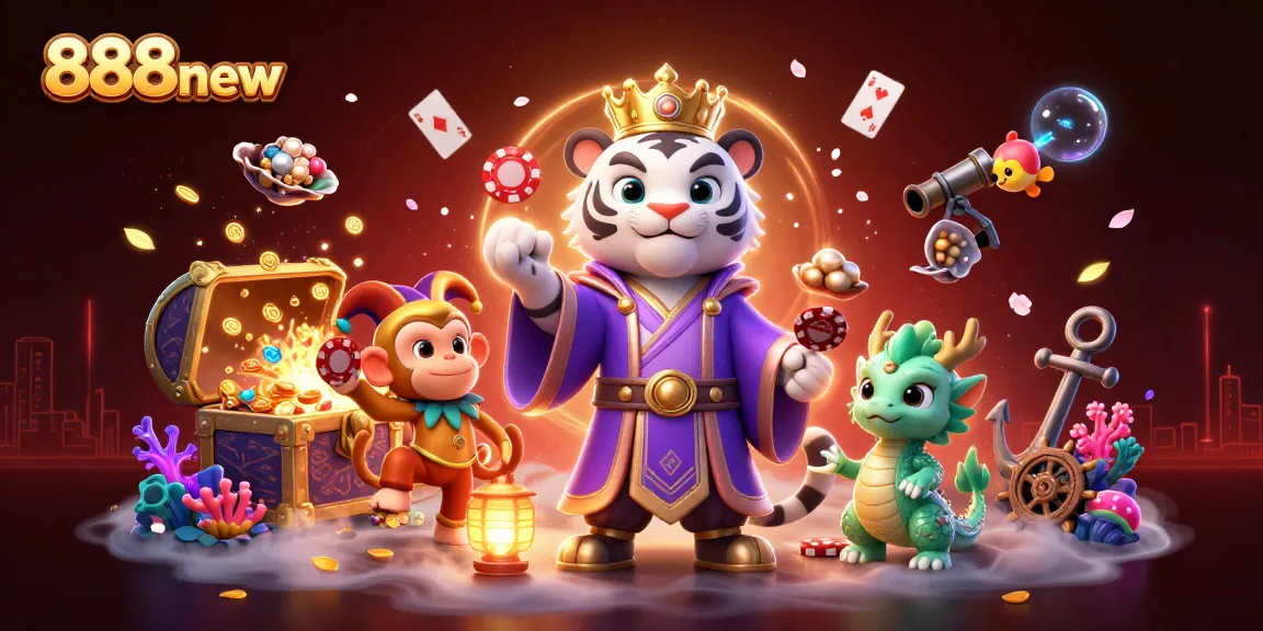 Experience the thrill of 888new as a white tiger and monkey engage in a vibrant casino scene.