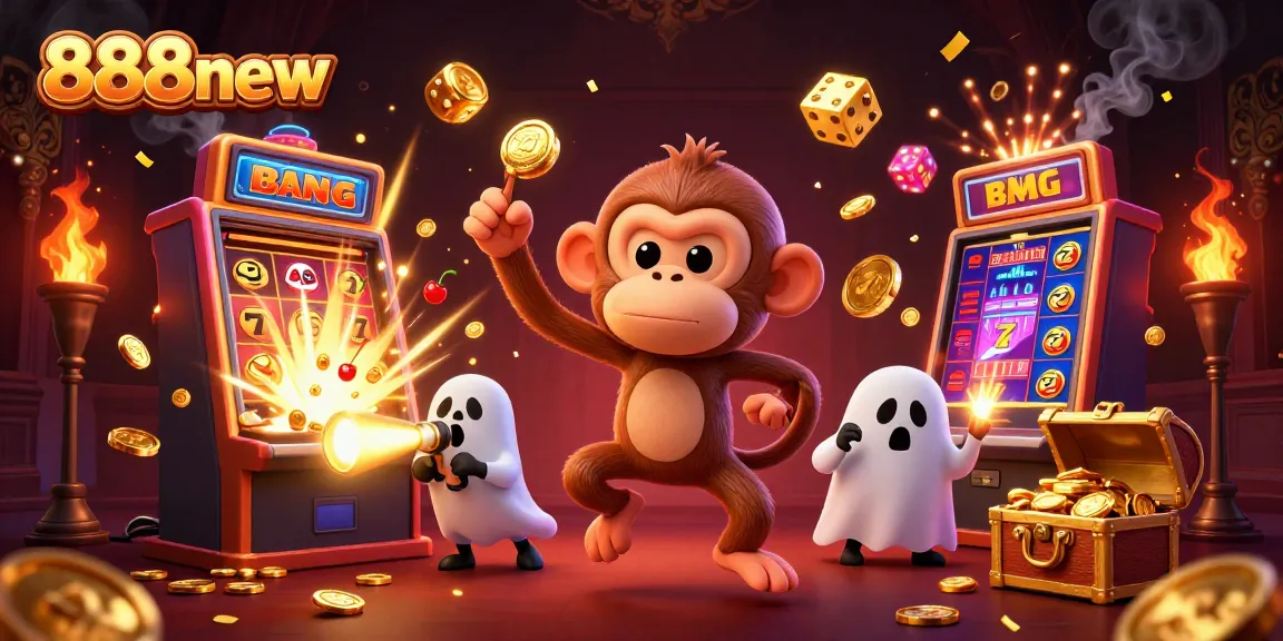 Engage with 888new by experiencing a lively casino scene with coins, slots, and a playful ghost-hunter puppy.