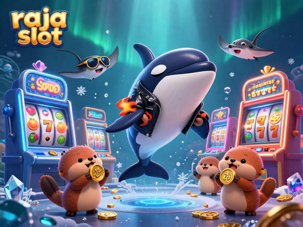 Experience the fun of raja slot with cartoon characters jumping through a vibrant casino world.
