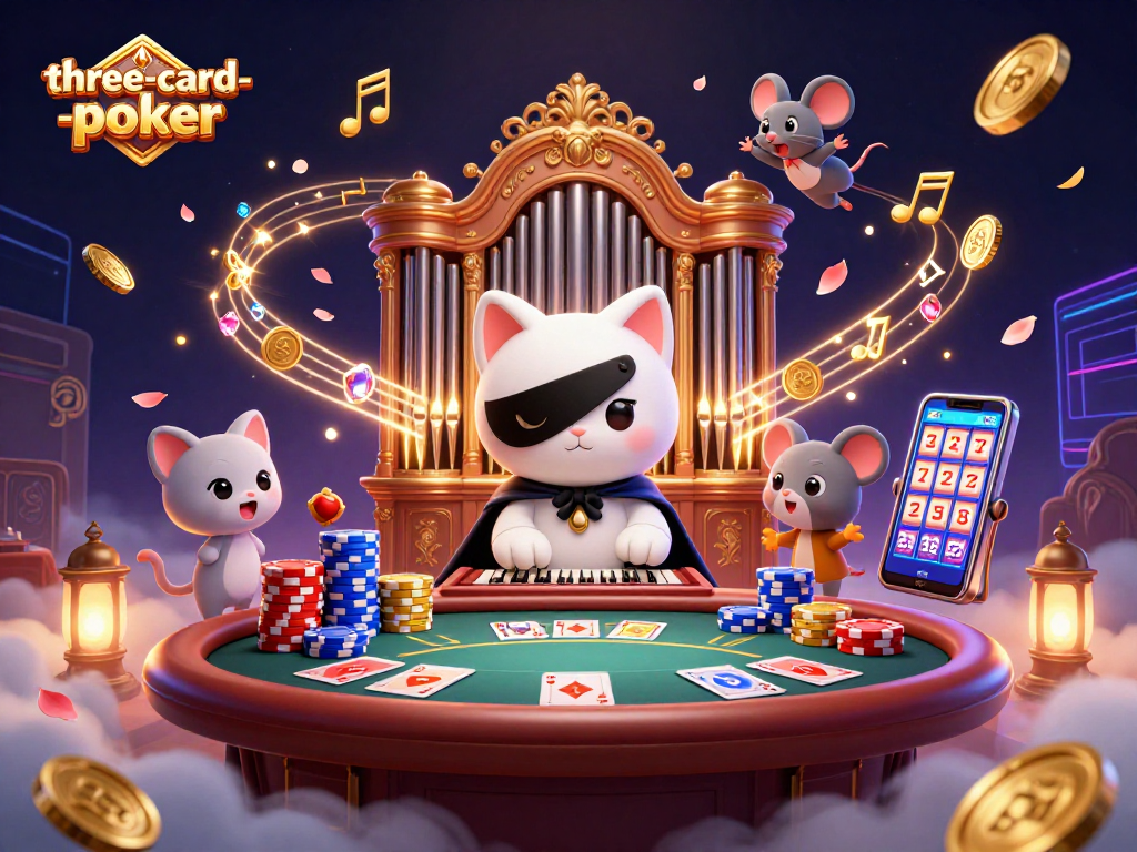 Experience thrilling three-card-poker action with a dynamic illustration featuring lively casino elements.