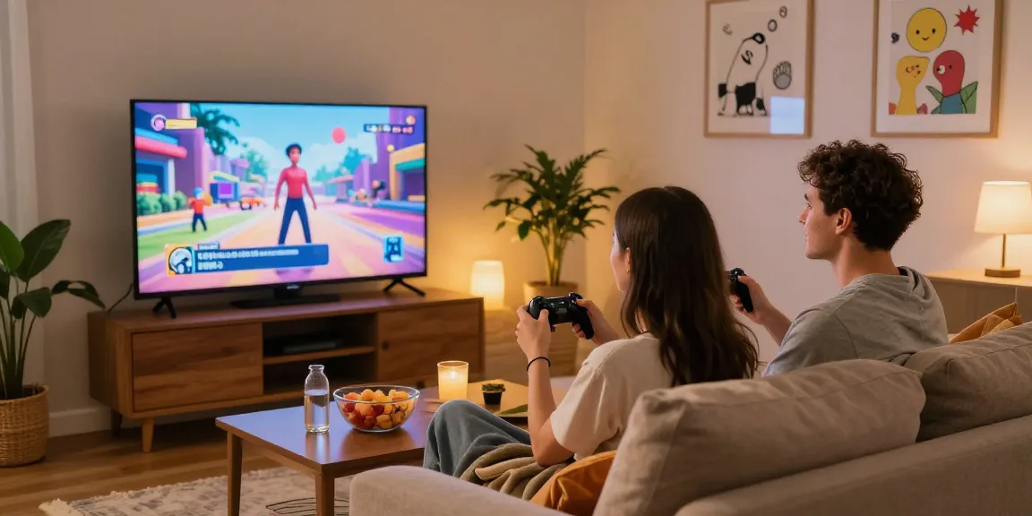 Couple enjoying sex games on large screen TV in cozy living room.