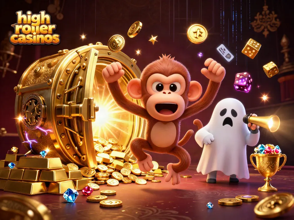 Experience high roller casinos with a mischievous monkey juggling gold in a haunted casino scene.