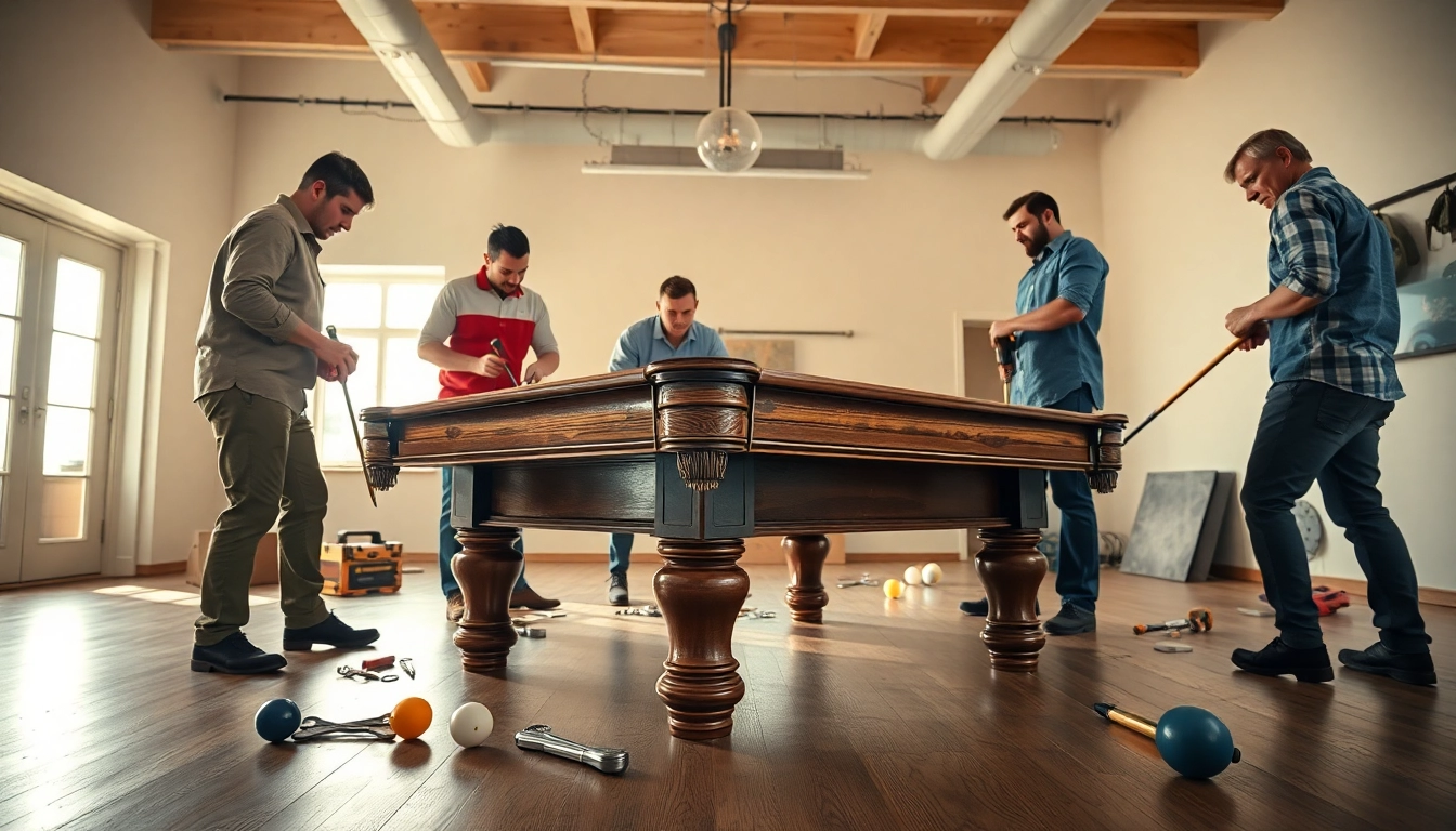 Pool Table Disassembly process with professionals removing legs and using tools in well-lit room.