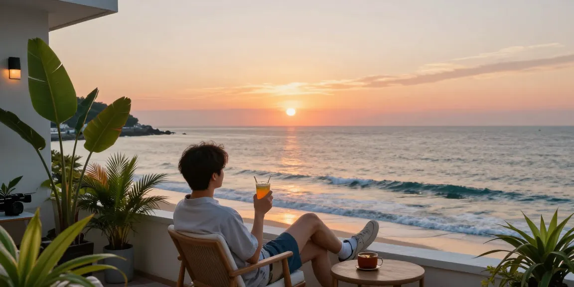 여수오피 coastal relaxation scene with sunset view, person enjoying ocean breeze
