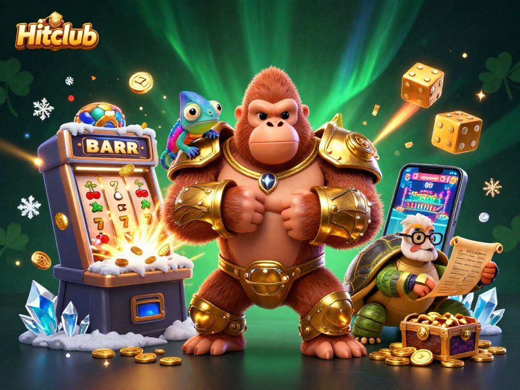 Hitclub's captivating scene with a jackpot-winning gorilla and vibrant casino elements.