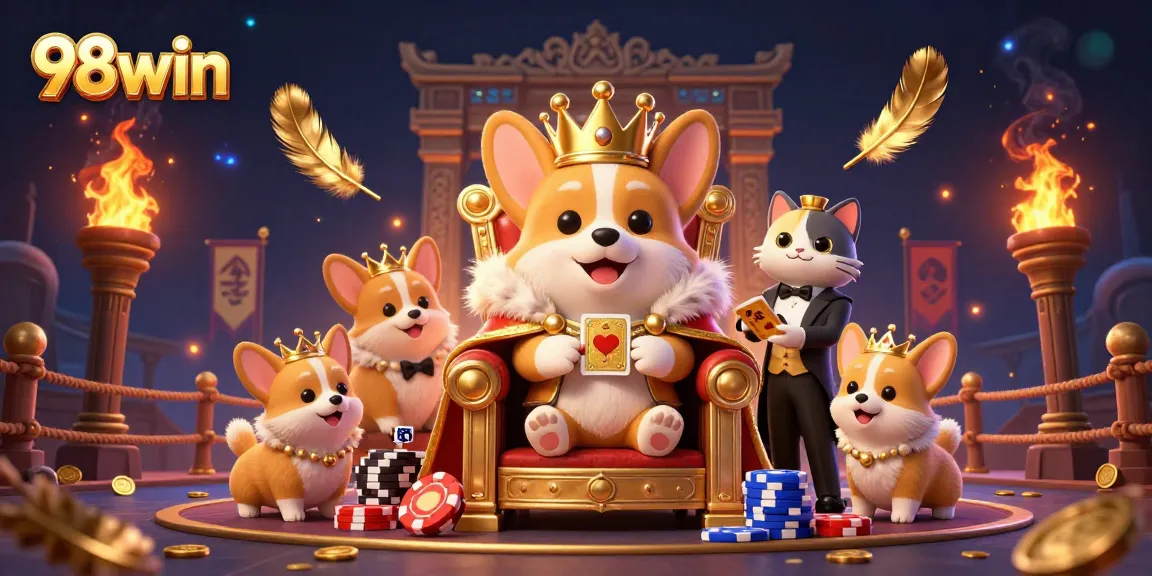 Experience the vibrant world of 98win with a royal corgi on a poker chip throne.