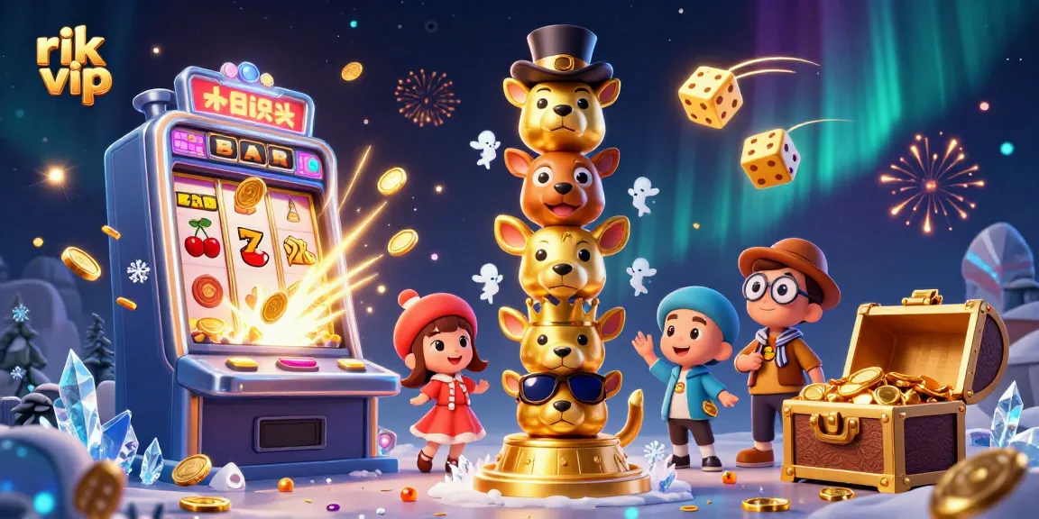 Experience the excitement of rik vip with a vibrant 3D casino illustration bursting with slots and game elements.