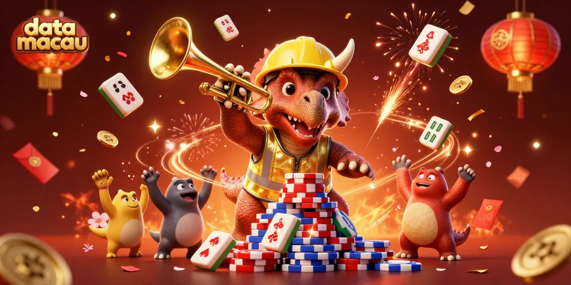Engage with data macau as a triceratops builds poker chip pyramids amid festive elements.