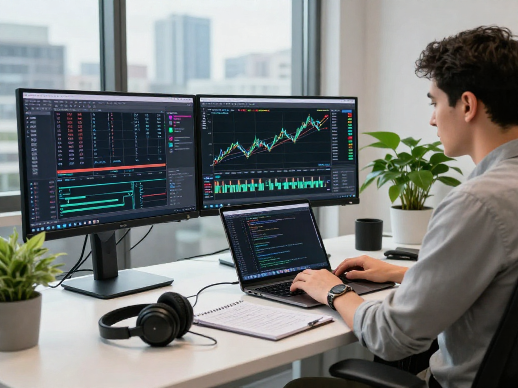 使用 metatrader 5 交易平台的专业交易者在现代交易工作空间中。