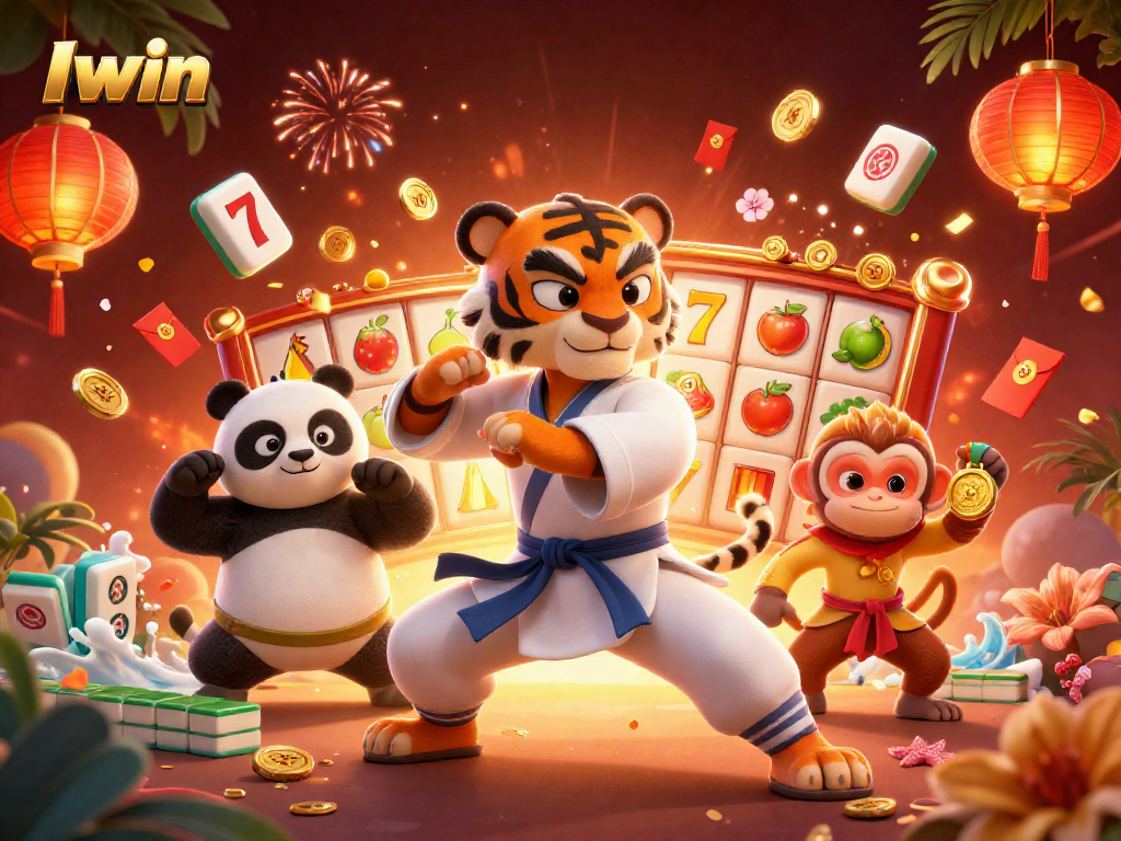 Iwin captivates enthusiasts with a vibrant 3D casino scene of a kung fu tiger and friends in action.