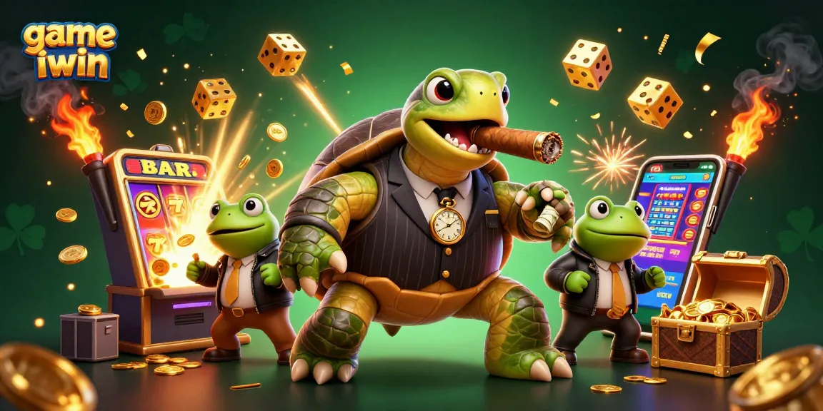 Experience the thrill of game iwin with a cartoon turtle in a casino scene bursting with action.
